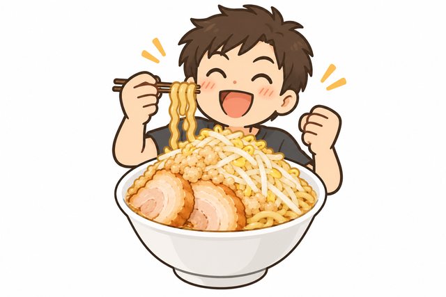 二郎系ラーメンを楽しむジロリアンのイラスト