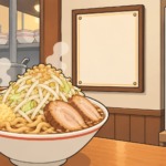 二郎系ラーメンと三田本店の社訓をイメージした掲示のイラスト