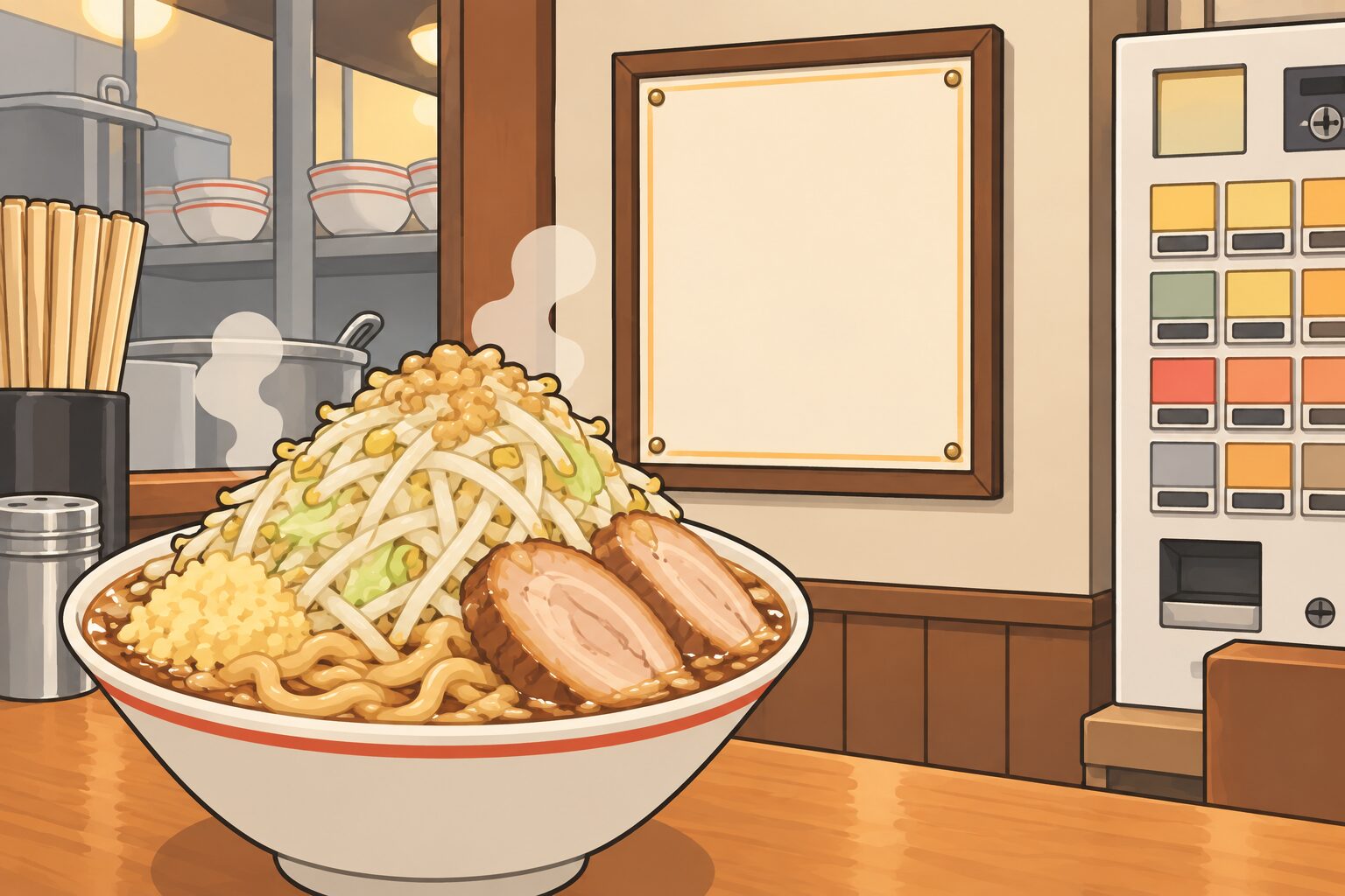 二郎系ラーメンと三田本店の社訓をイメージした掲示のイラスト
