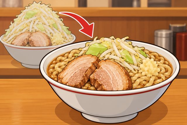 二郎系ラーメンの野菜を通常盛りから少なめにした比較イラスト